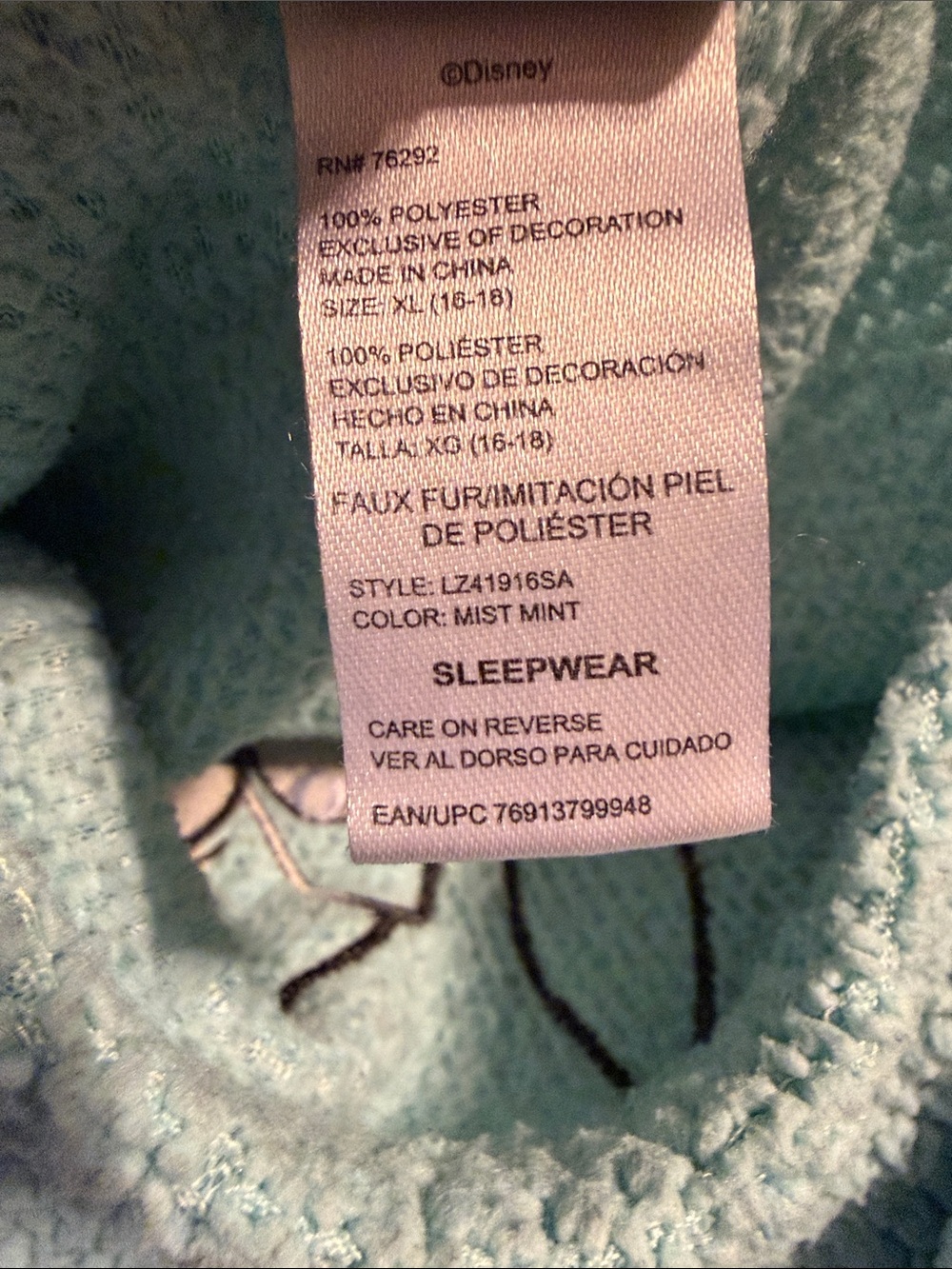 Disney Mint Green Fleece Stitch Pajama Top with Navy Stitch Print Pants - Picture 2 of 6